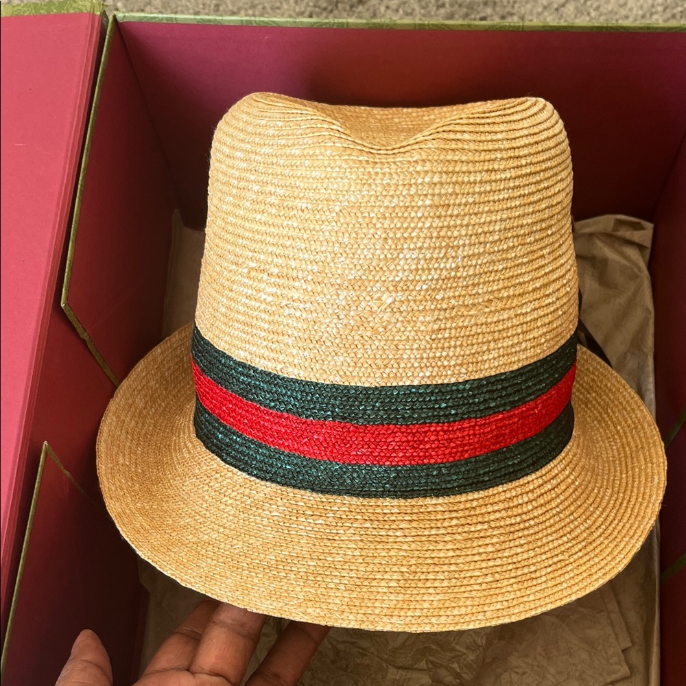 Gucci Tan Straw Hat with Red and Green Band